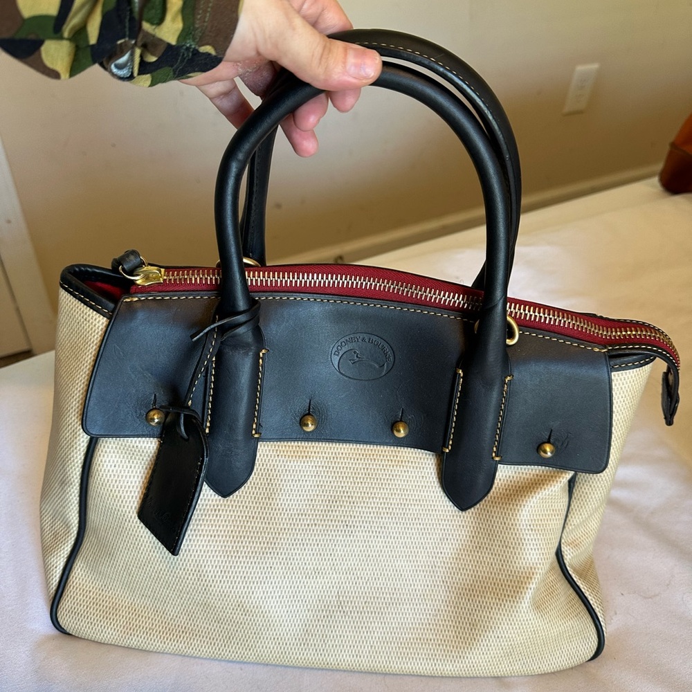Dooney & Bourke Cream Woven Satchel with Black Leather and Red Zip